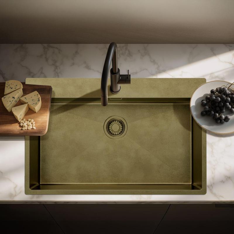 Pure.Sink Luxion Grande lavello in bronzo antico PVD 78x50 cm Tapwing con foro per rubinetto e ripiano inferiore PLX7850T-64