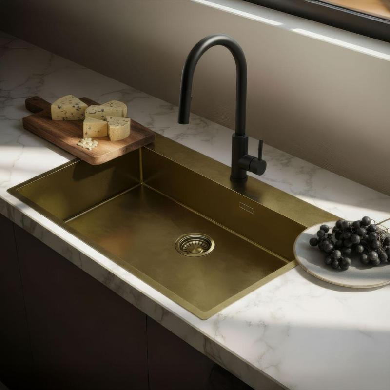 Pure.Sink Luxion Grande lavello in bronzo antico PVD 78x50 cm Tapwing con foro per rubinetto e ripiano inferiore PLX7850T-64