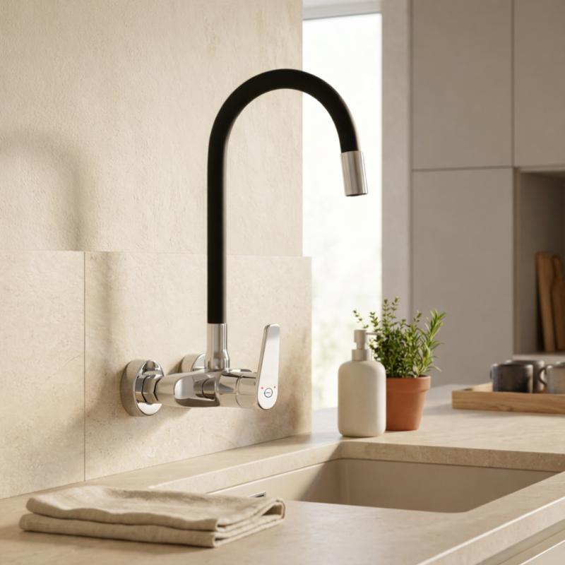 Aquanello Casa Rubinetto da cucina a muro cromato con bocca alta flessibile CR-1301-CS