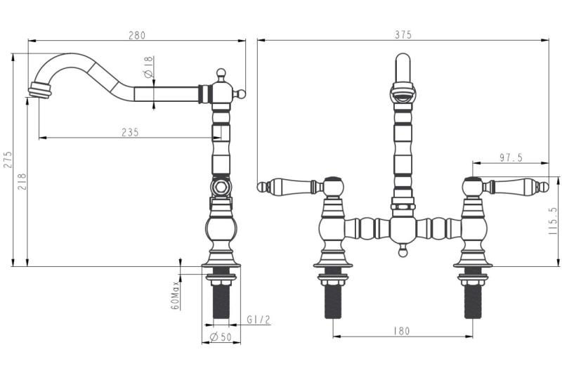 Aquanello Heritage Manor Rubinetto da cucina classico in stile retrò con leva bianca, finitura bronzo BN-0010-HM