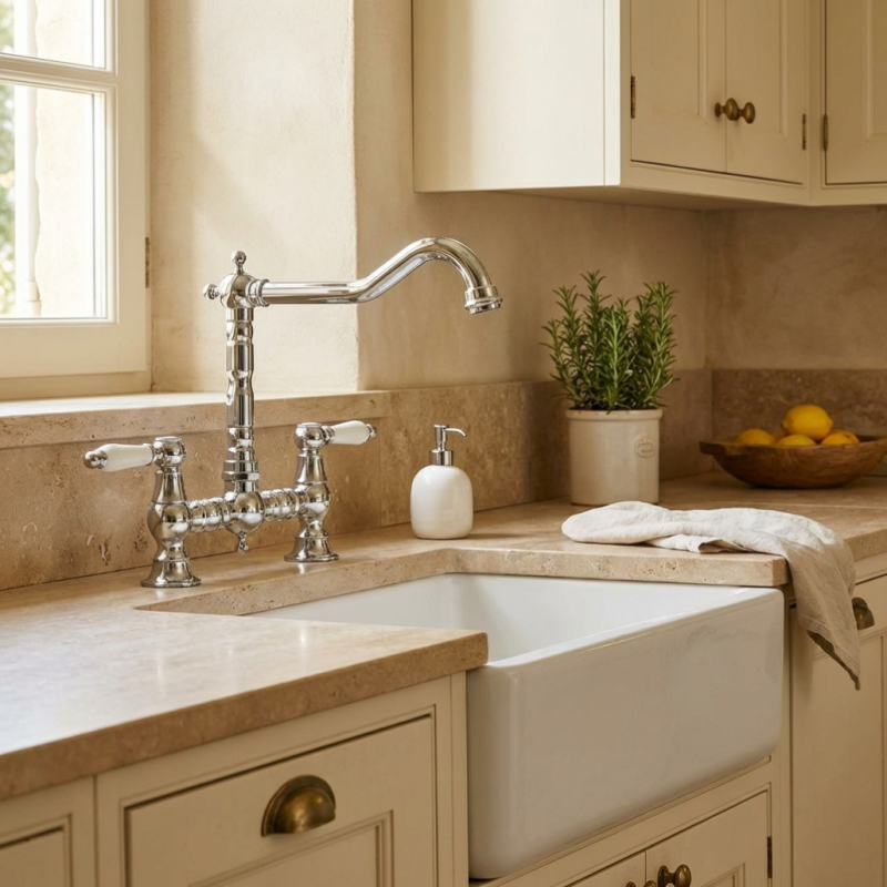 Aquanello Heritage Manor Rubinetto da cucina classico nostalgico Ponte cromato con leva bianca CR-0010-HM