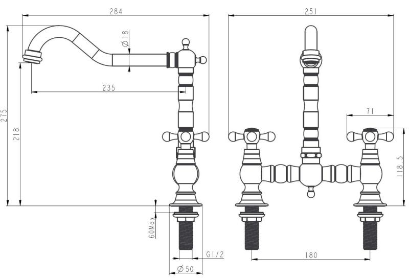 Aquanello Heritage Ascot Rubinetto da cucina classico in stile retrò con leva a croce in acciaio inossidabile NB-0011-HM