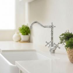 Aquanello Heritage Ascot Rubinetto da cucina classico in stile retrò, cromato con bocca ad angolo CR-4002-HA