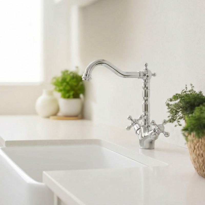 Aquanello Heritage Ascot Rubinetto da cucina classico in stile retrò, cromato con bocca ad angolo CR-4002-HA