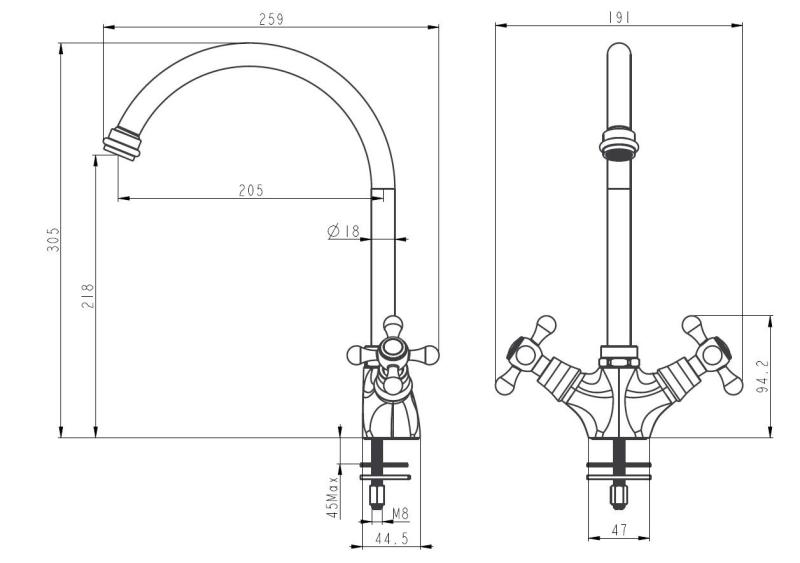 Aquanello Heritage Ascot Cucina classica Rubinetto da cucina nostalgico cromato con bocca rotonda CR-4003-HA