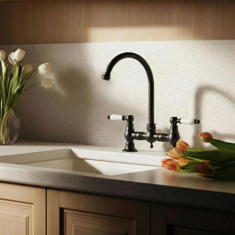 Aquanello Heritage Manor Rubinetto da cucina classico in stile retrò, nero con leva bianca e bocca rotonda BL-0011-HM