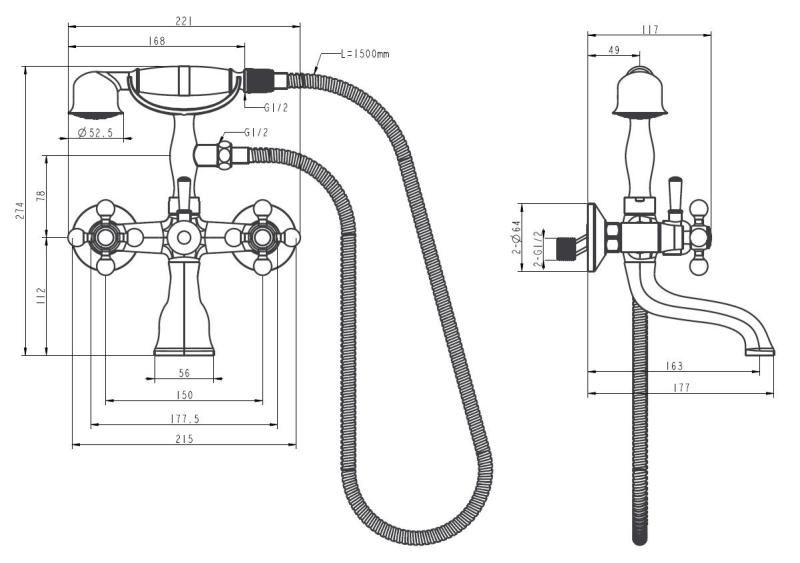 Aquanello Heritage Ascot Rubinetto classico per vasca con manopole a stella in bronzo, doccetta inclusa BN-3002-HA