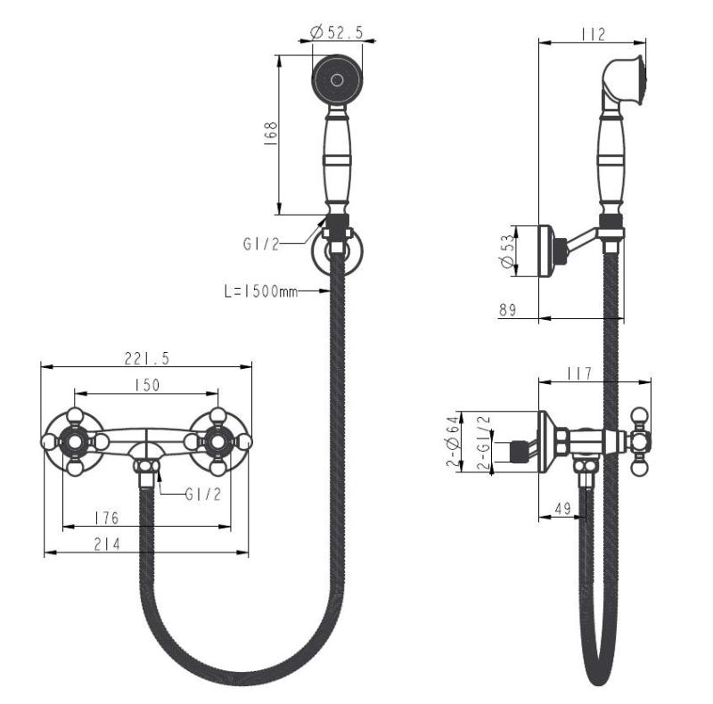 Aquanello Heritage Ascot Set doccia classico con manopole a stella in acciaio inox, doccetta inclusa NB-2002-HA