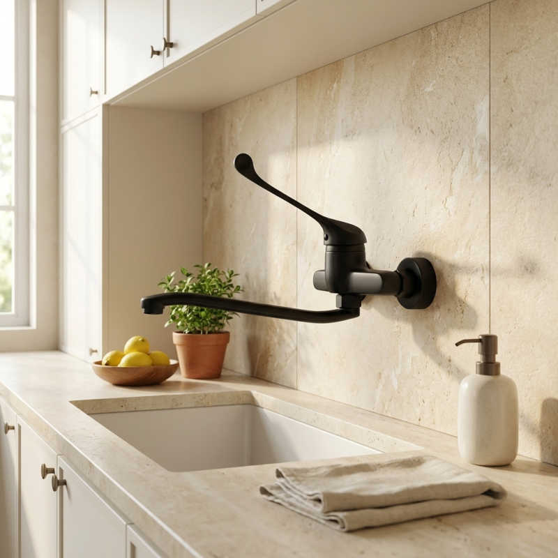 Aquanello Medic Rubinetto da cucina a parete con leva lunga nero BL-1005-MD