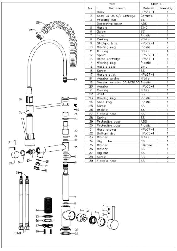 Aquanello Gastro Rubinetto da cucina con funzione a spruzzo professionale, nero BL-4402-GT
