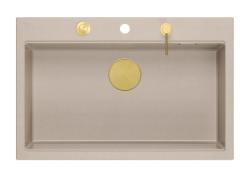 Quadri Hard Rock Lavello da appoggio in granito beige, grandi dimensioni 76x50 cm, con tappo dorato e accessori inclusi 1208972701