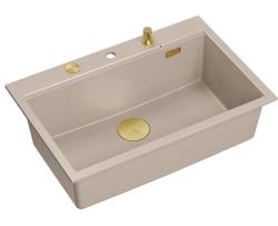 Quadri Hard Rock Lavello da appoggio in granito beige, grandi dimensioni 76x50 cm, con tappo dorato e accessori inclusi 1208972701
