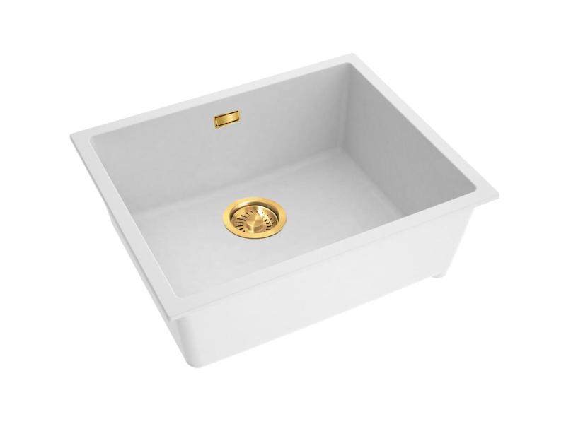 Pure.Sink Eternal Lavello in quarzo bianco 50x40 cm, da incasso a filo piano e da incasso sotto piano, con tappo automatico dorato