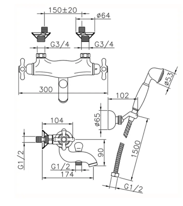 Rubinetto termostatico per vasca Huber Croisette con set doccia a mano Cromo CSD2701021