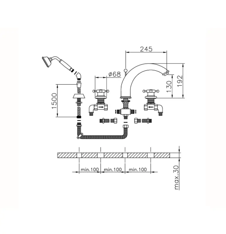 Rubinetto da bagno a 4 fori Huber Victorian con set doccia Cromo VT00026021