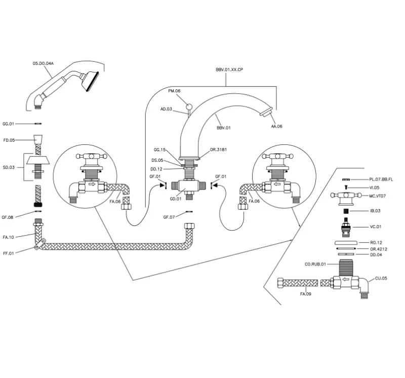 Rubinetto da bagno a 4 fori Huber Victorian con set doccia Cromo VT00026021
