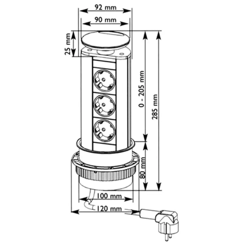 EVOline Port 3 Presa a scomparsa con messa a terra coperchio argentato